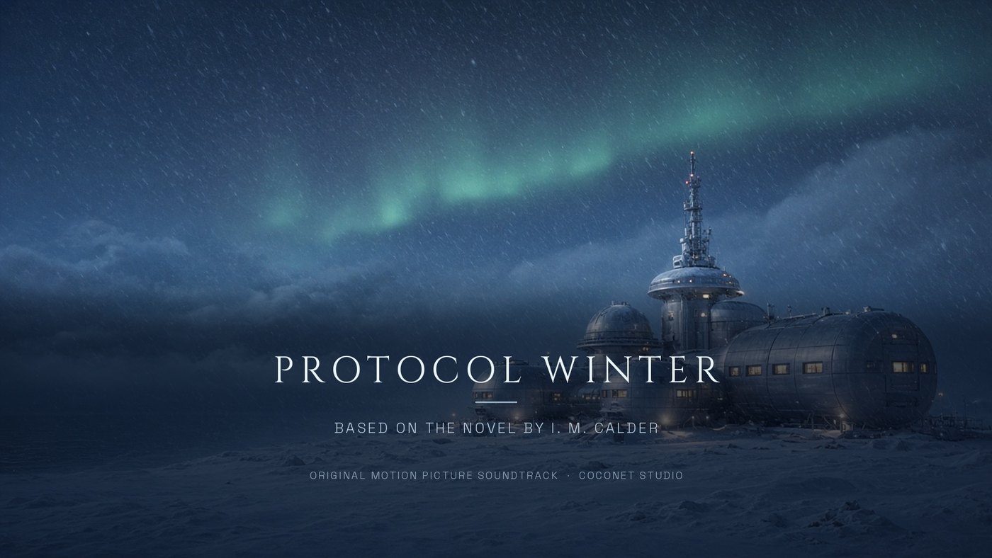 Protocol Winter title card — Antarctic station window glow against ice night.